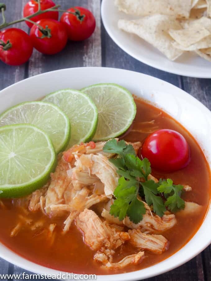 This Paleo and Whole30 Chicken Tortilla Soup is delicious, healthy and so easy to make! Just combine chicken breasts, onion and tomatoes in the slow cooker along with a few common spices like chili powder, garlic and cayenne and you have a scrumptious one pot slow cooker dinner! Garnish with limes, cilantro + avocado!