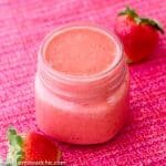 Get this this Paleo and Whole30 Strawberry Vinaigrette Dressing on your springtime dinner table! Made with only fresh strawberries, white wine vinegar, avocado oil and 100% pineapple juice, this fresh summer dressing is cheap, simple and easy. Primal, dairy free and vegetarian + vegan friendly!