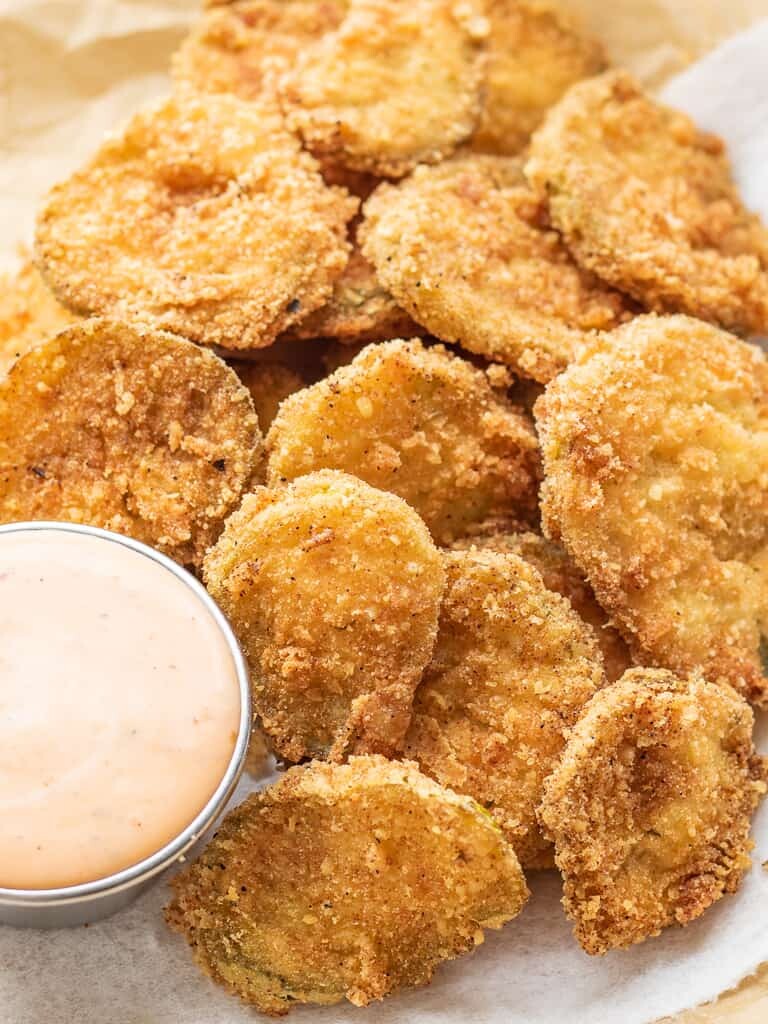 Low Carb, Keto Fried Pickles with Chili Ranch Dipping Sauce • The